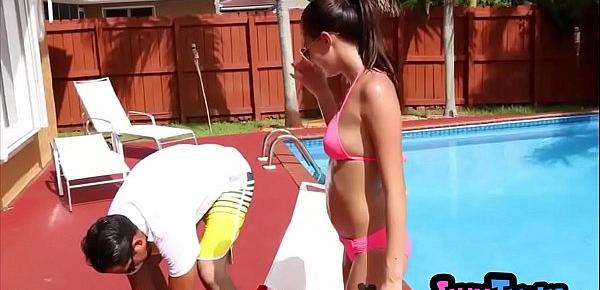  Extra small teenie swimming lesson ends in a cum shower